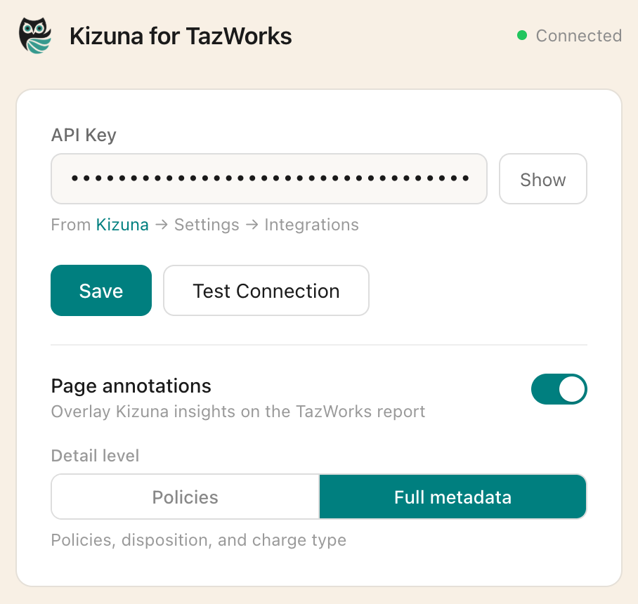 Extension settings panel showing API key input, page annotations toggle, and detail level selector