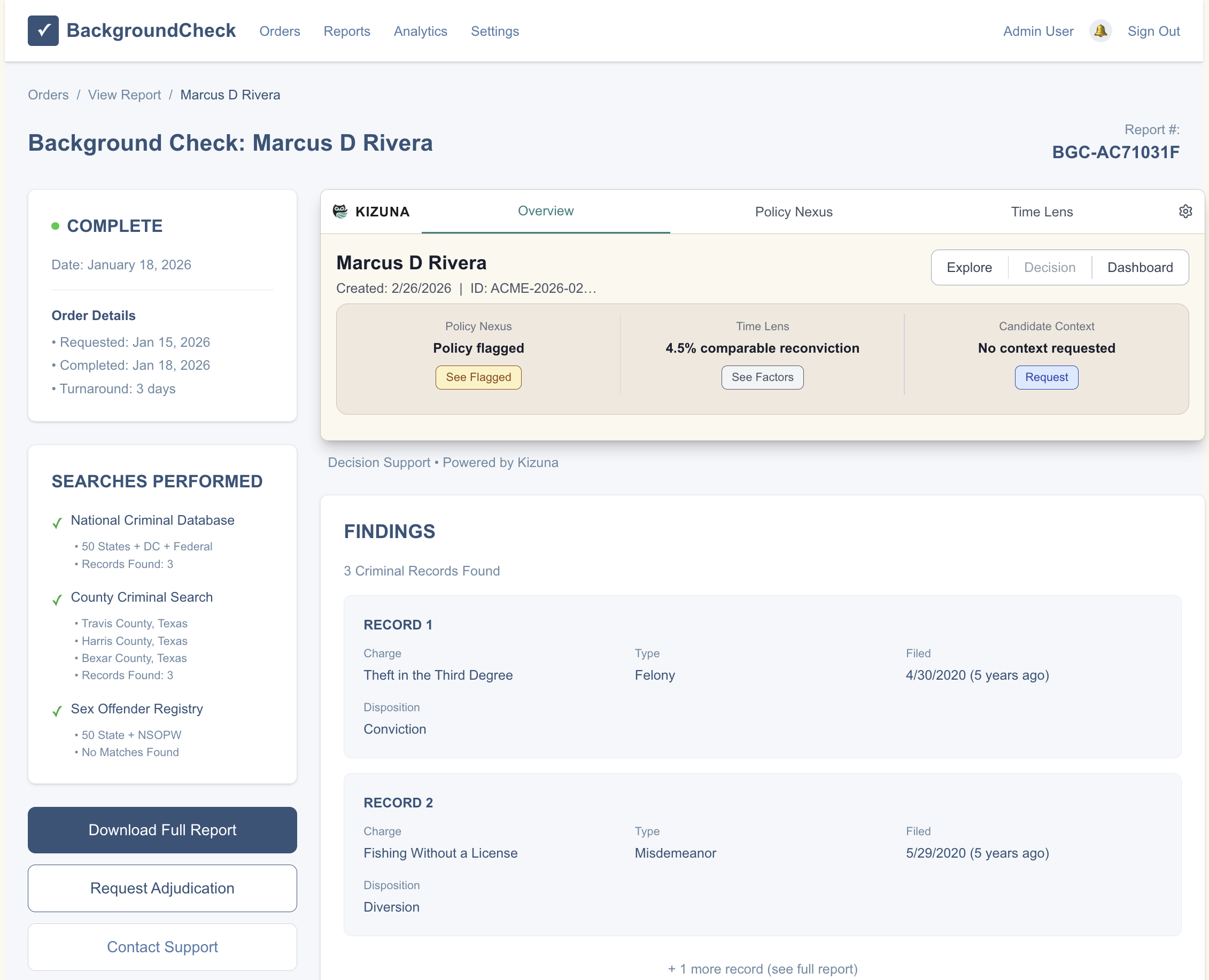 Kizuna decision support widget embedded inside a background check platform, showing policy evaluation, Time Lens signals, and criminal record findings